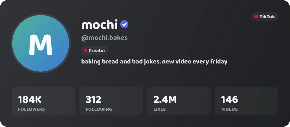 A TikTok profile card for mochi with followers, likes and videos